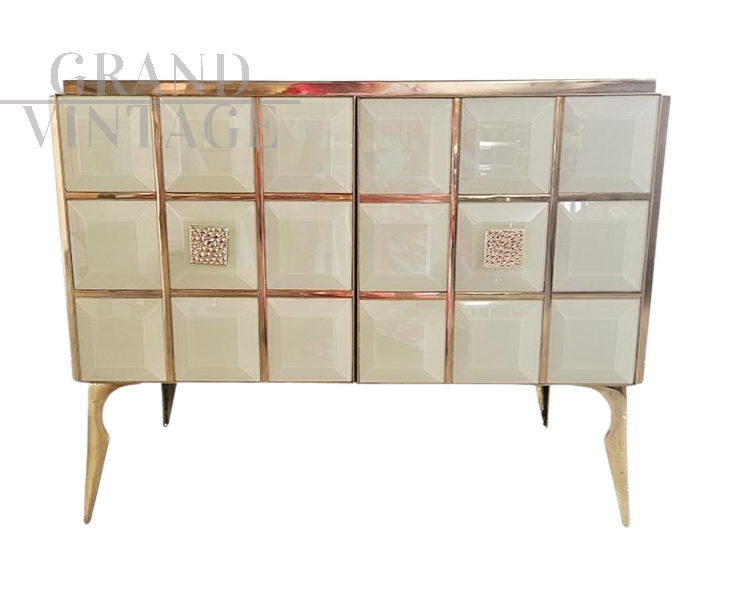 Credenza a due ante con elementi in vetro molato avorio                            