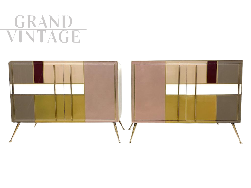 Credenza vintage anni '70 in vetro con colori pastello e ottone                            