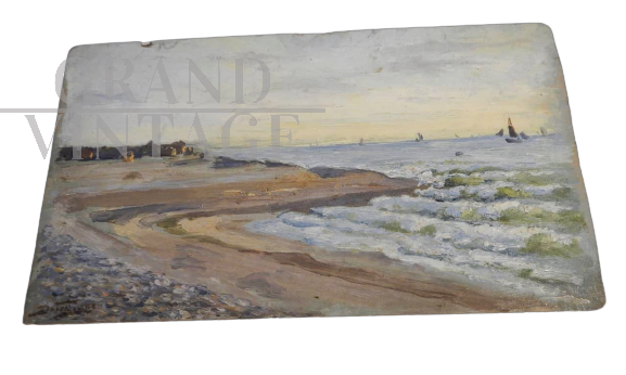 Deschamps - dipinto con oceano e spiaggia di Caienna                           