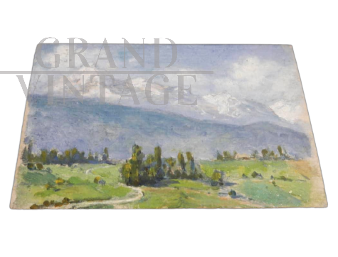 Deschamps - dipinto di campagna con vista dei Pirenei sul Pic Du Midi                            