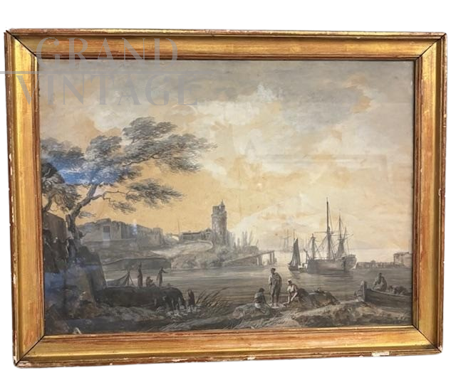 Dipinto antico a grisaglia su carta con scena portuale, XVIII secolo                            