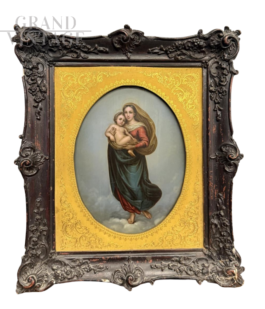 Dipinto antico con Madonna di San Sisto, olio su rame dell'800                            