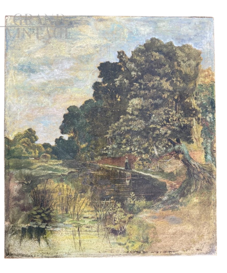 Dipinto antico di paesaggio lacustre, olio su tela dei primi dell'800                            