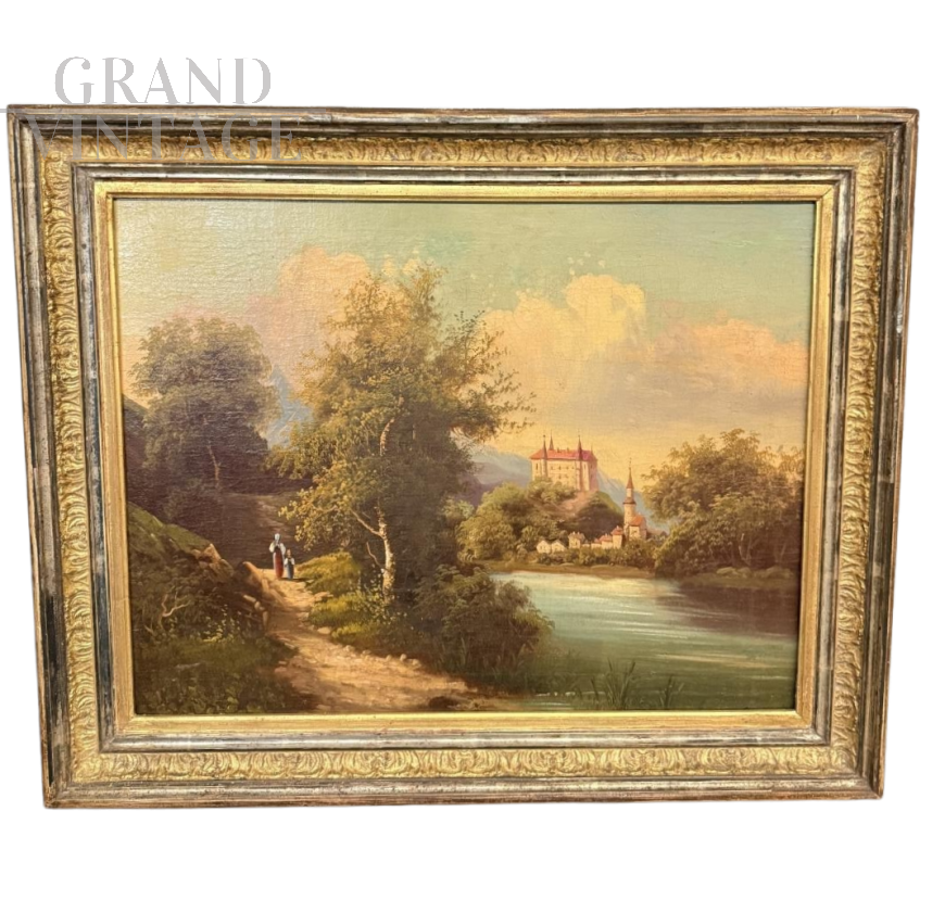 Dipinto antico di scuola austriaca con paesaggio fluviale, olio su tela del XIX secolo                            