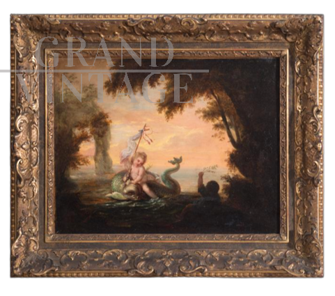 Dipinto antico Francese olio su tela raffigurante scena allegorica