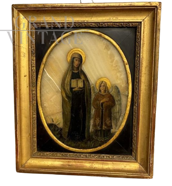 Dipinto antico su onice del XVII secolo con Santa Francesca Romana e Angelo                            