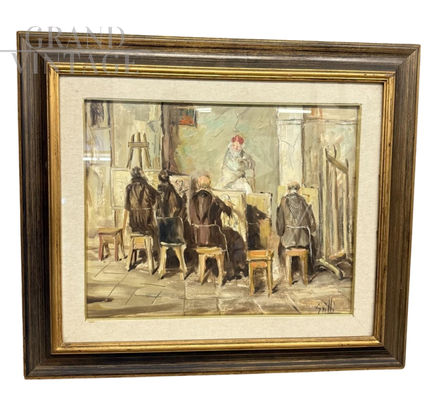 Dipinto di frati artisti in atelier, olio su tela firmato Grilli, XX secolo                            