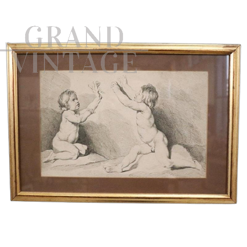 Edmé Bouchardon - Incisione antica su rame con bambini del XVIII secolo                            