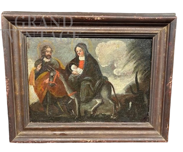 Fuga d'Egitto - Dipinto antico ad olio del XVII secolo di scuola italiana                            