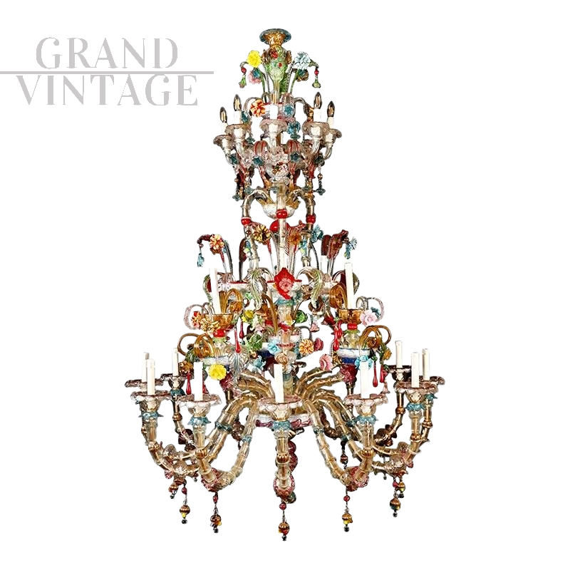 Grande lampadario in vetro di Murano multicolore in stile Rezzonico                            