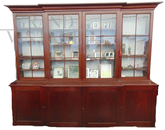 Grande libreria Vittoriana inglese antica in mogano a vetrina                          