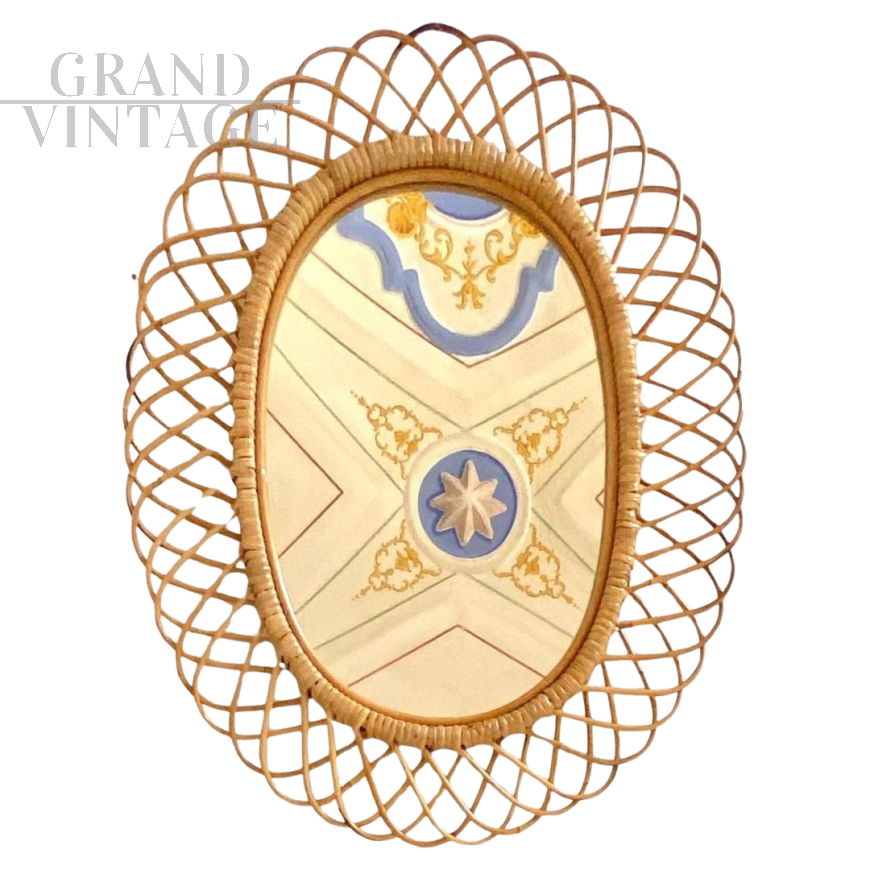 Grande specchio in bamboo vintage in stile Sunburst di Bonacina                            