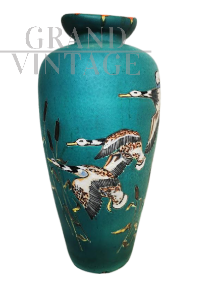 Grande vaso decorativo in ceramica con anatre in volo, Germania anni '50