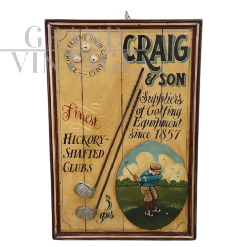 Insegna pubblicitaria anni '20 di attrezzature da golf dipinta a mano                            