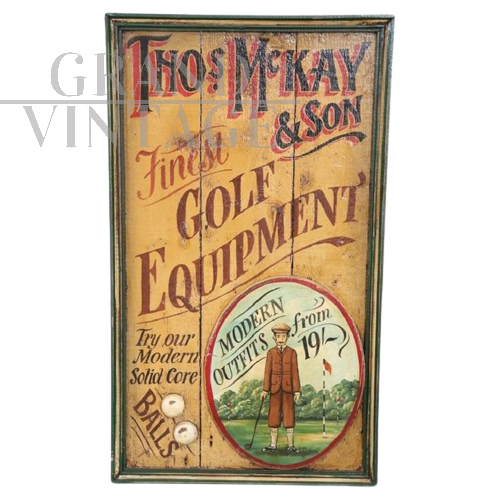 Insegna pubblicitaria vintage di attrezzatura per golf dipinta a mano su legno                           