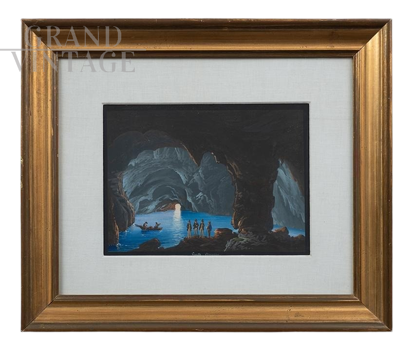 La Grotta Azzurra - Dipinto antico tempera su cartoncino gouache                            