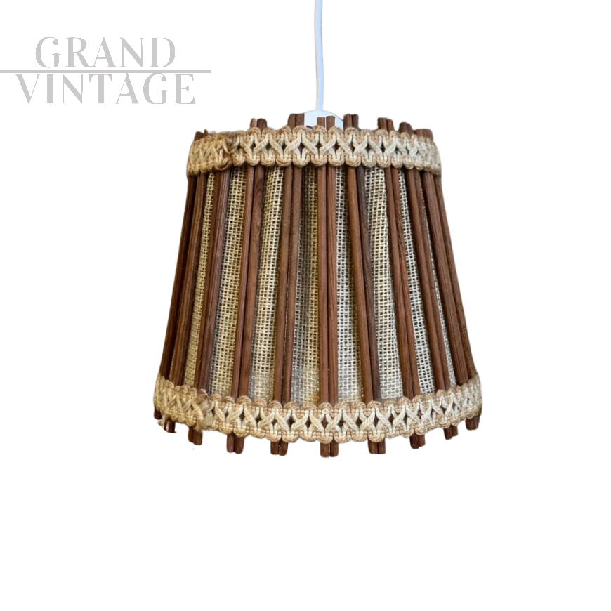Lampada a sospensione vintage scandinava in legno e lino, anni '60                            
