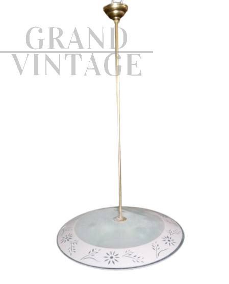 Lampada a sospensione anni '40-'50 in vetro decorato a fiori                            