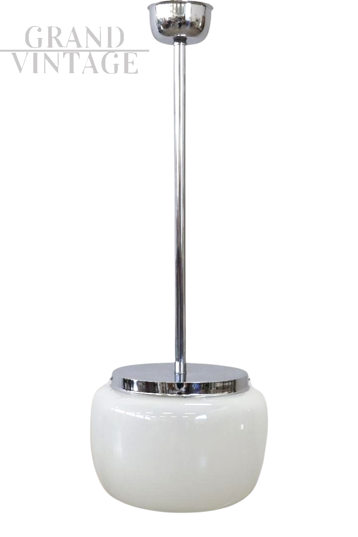 Lampada a sospensione vintage anni '60 in vetro e metallo cromato                            