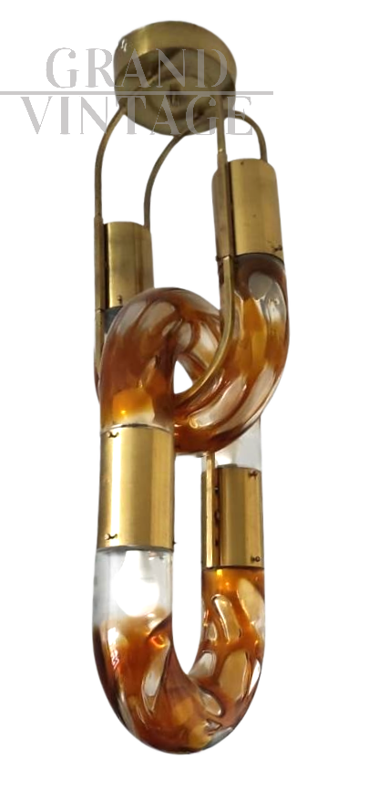 Lampadario di Aldo Nason in vetro di Murano arancione                            