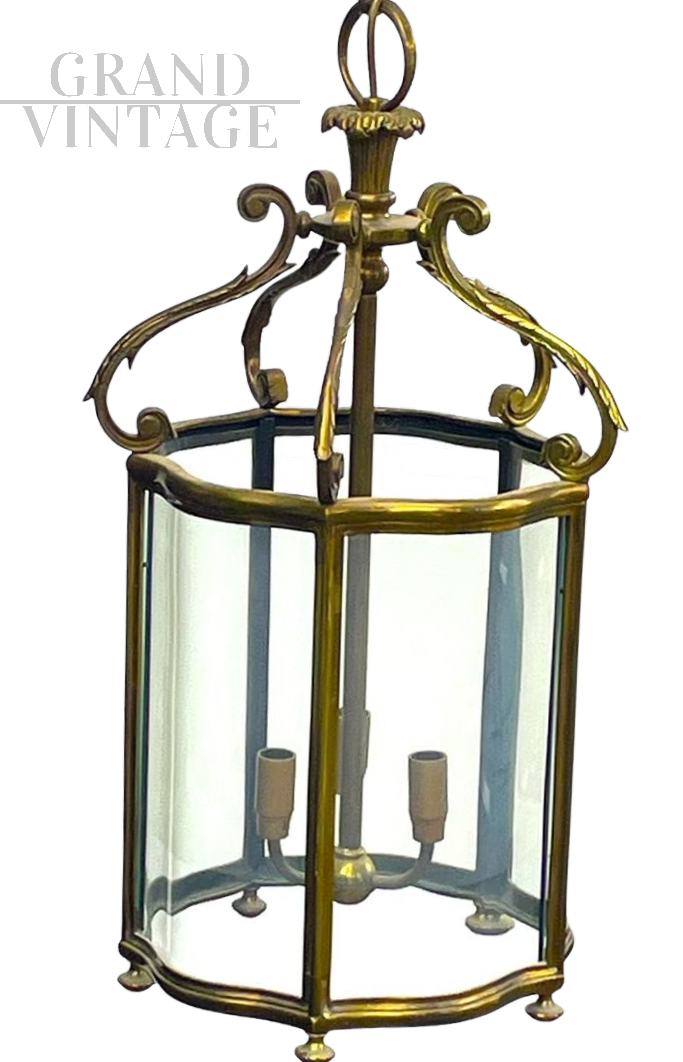 Lampada a sospensione a lanterna in ottone e vetro, anni '40