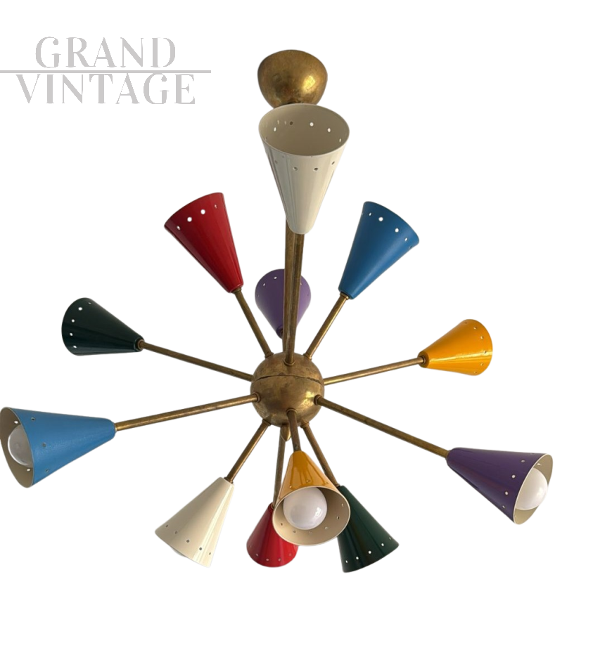 Lampadario in stile Sputnik Stilnovo con coni multicolore