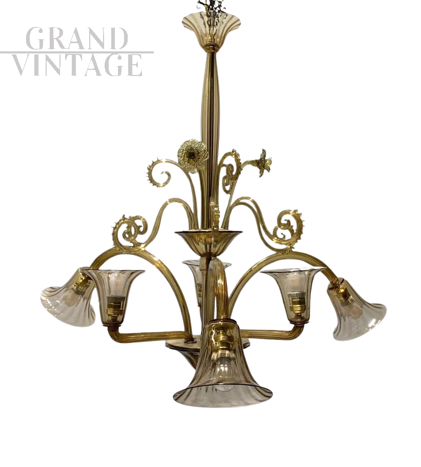 Lampadario in vetro di Murano ambra vintage attr. Seguso                            