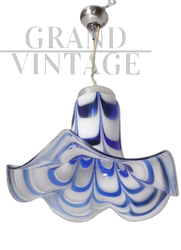 Lampadario Mazzega in vetro di Murano a campana blu e bianco, anni '70                            