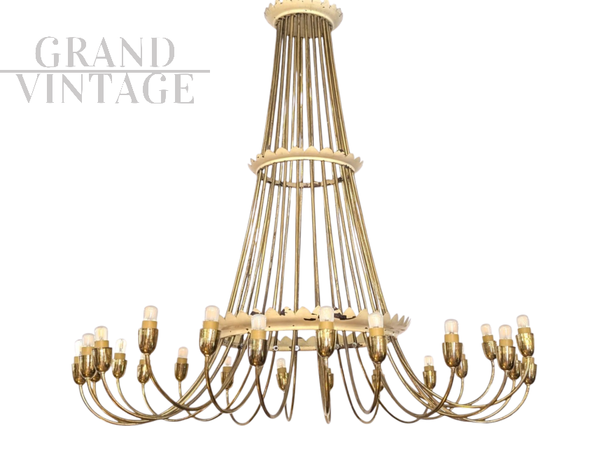 Lampadario vintage a cascata in ottone dorato con 25 Luci                            