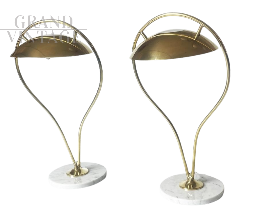 Coppia di lampade da tavolo vintage in ottone e marmo, anni '70                            
