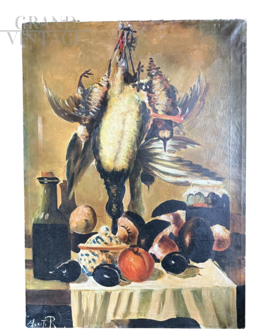 Natura morta con cacciagione, dipinto olio su tela del XX secolo                            