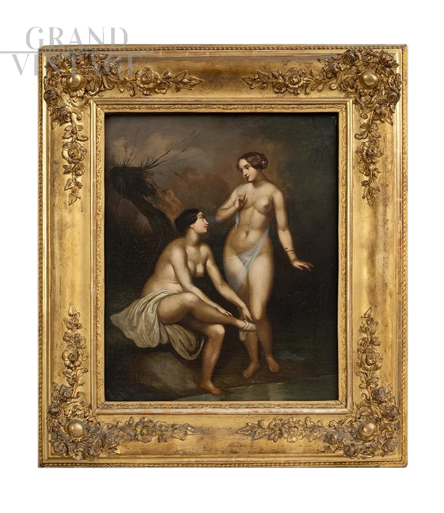 Ninfe al bagno - dipinto antico di epoca Napoleone III Francese                            
