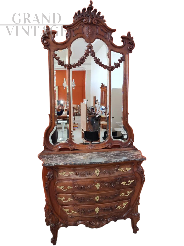 Cassettone barocco Luigi XV con specchiera in noce