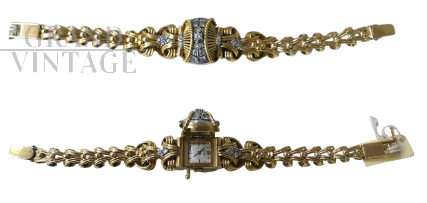 Orologio gioiello anni '50 in oro e diamanti, a carica manuale                            