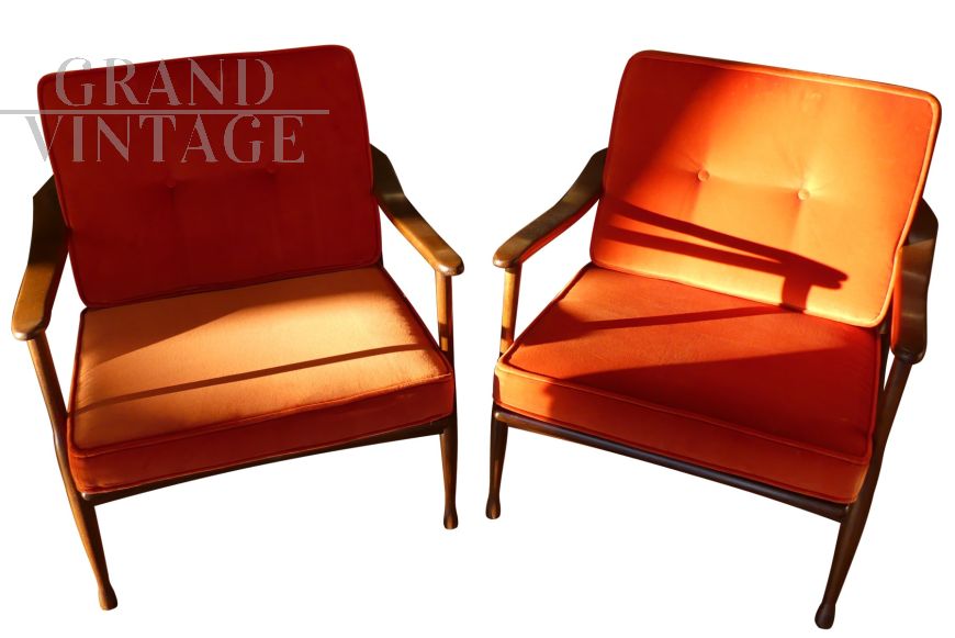 Coppia di poltrone design Augusta anni '60 in velluto arancione