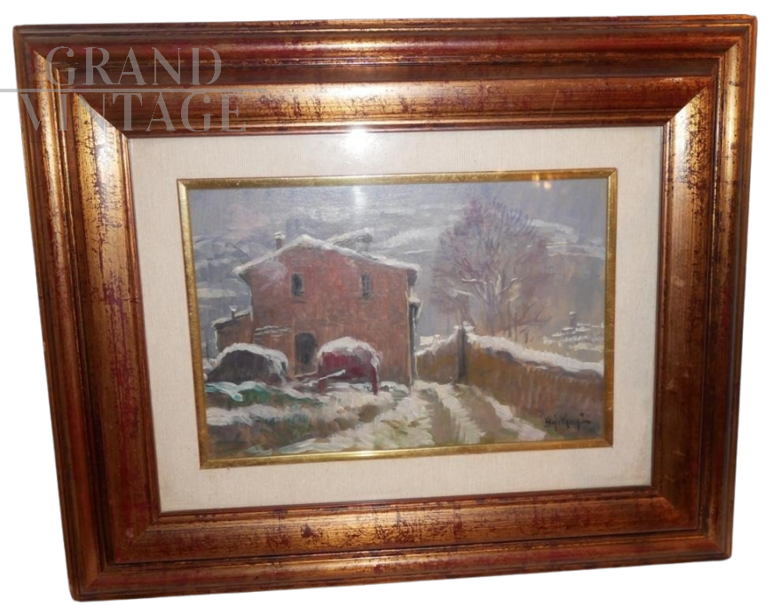 Paesaggio innevato, dipinto ad olio su cartoncino del XX secolo, firmato                            