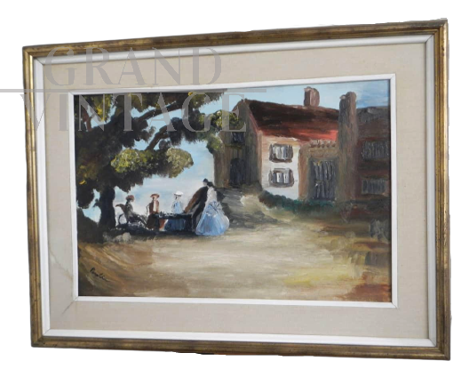 Parolin - dipinto con dame in giardino                            