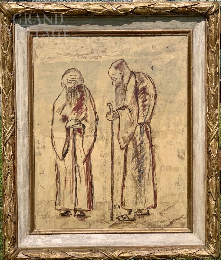 Frati, dipinto a tecnica mista su tavola del xx secolo