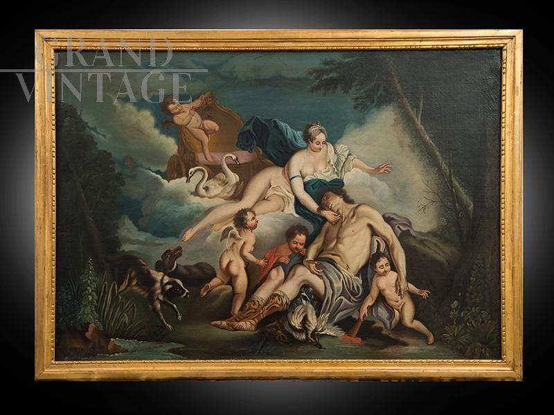 Venere e Adone, dipinto antico olio su tela stile Boucher rinascimentale                