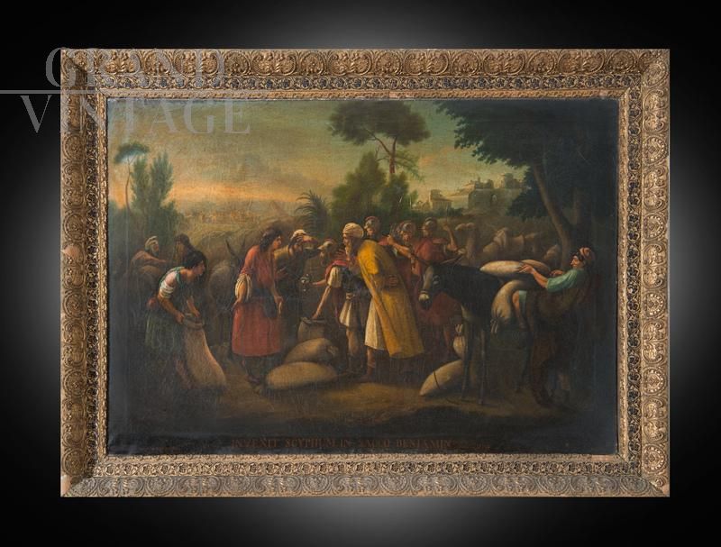 Il Ritrovamento della Coppa Rubata, dipinto biblico antico olio su tela