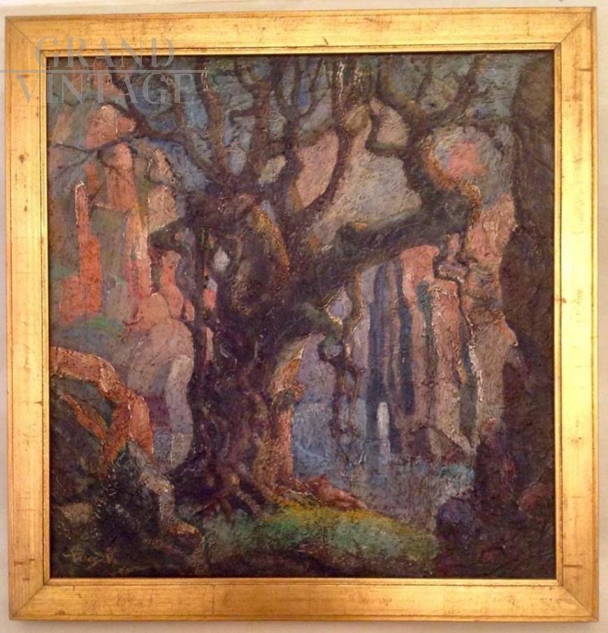 Grande albero con donna nuda distesa, dipinto simbolista francese degli anni '30