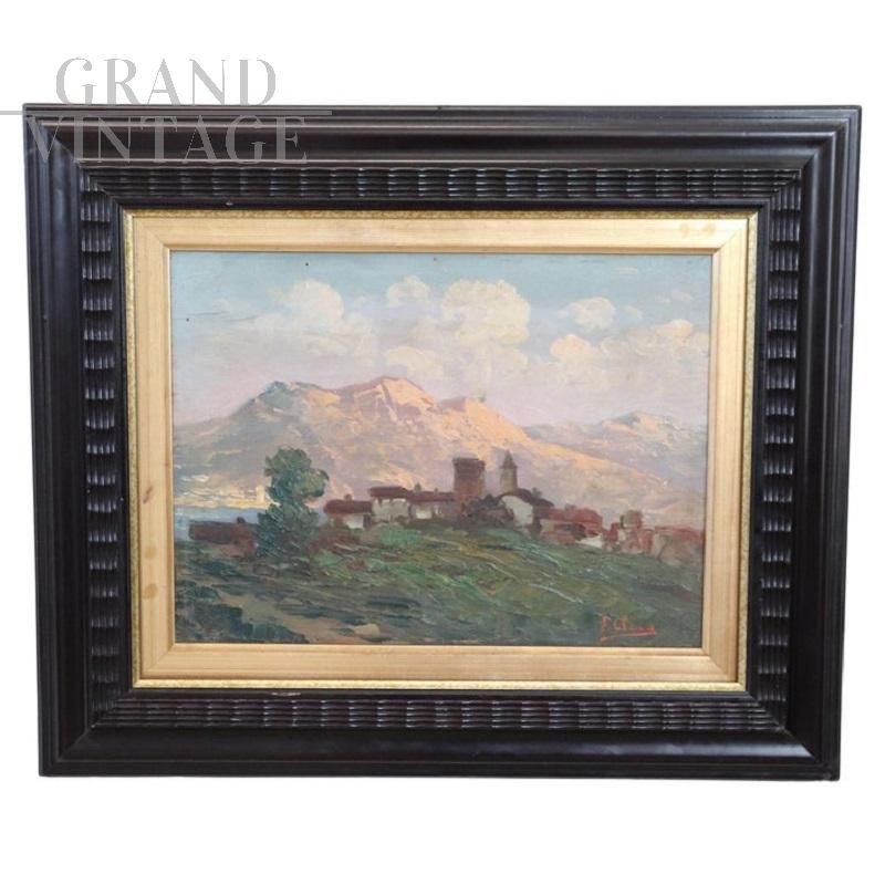 Paesaggio di montagna, dipinto di Ermanno Clara, olio su tavola primi '900                            