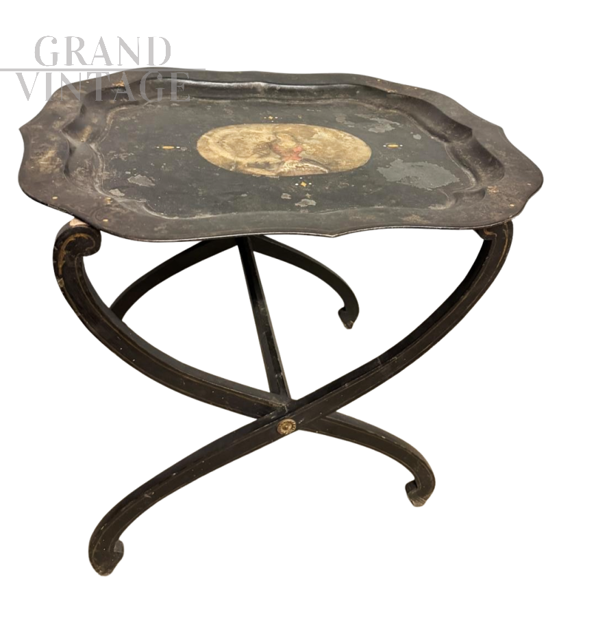 Piccolo tavolino da picnic antico con vassoio dipinto, 1850                            