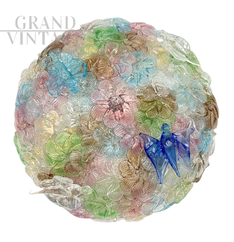 Plafoniera con fiori e farfalle in vetro di Murano colorato       