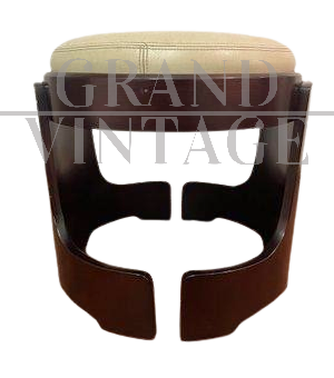 Pouf vintage design in legno e pelle in stile space age, anni '70                            