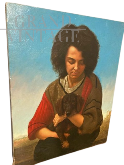 Ragazza con cane - dipinto contemporaneo di Giancarlo Pignataro del 1987                            
