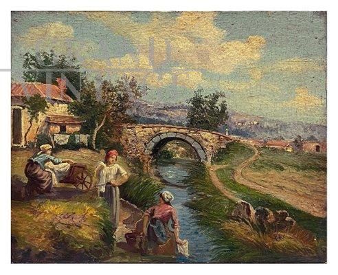 Dipinto Scena Campestre con lavandaie, Scuola Posillipo, olio su tavola 