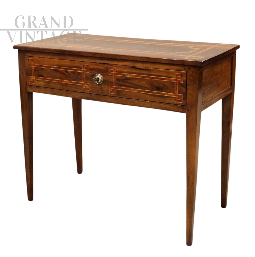 Scrittoio tavolino console antica di epoca Luigi XVI in noce intarsiato, Italia '700