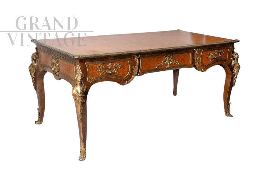 Scrivania antica Bureau Plat Napoleone III Francese in legno esotico                            