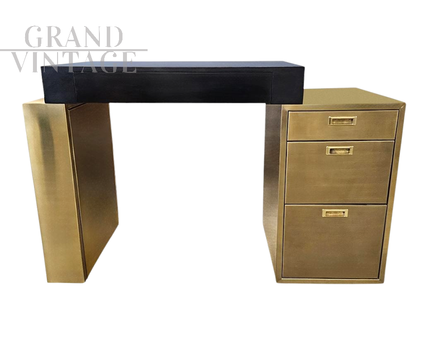 Scrivania design in ottone e legno nero con cassettiera
